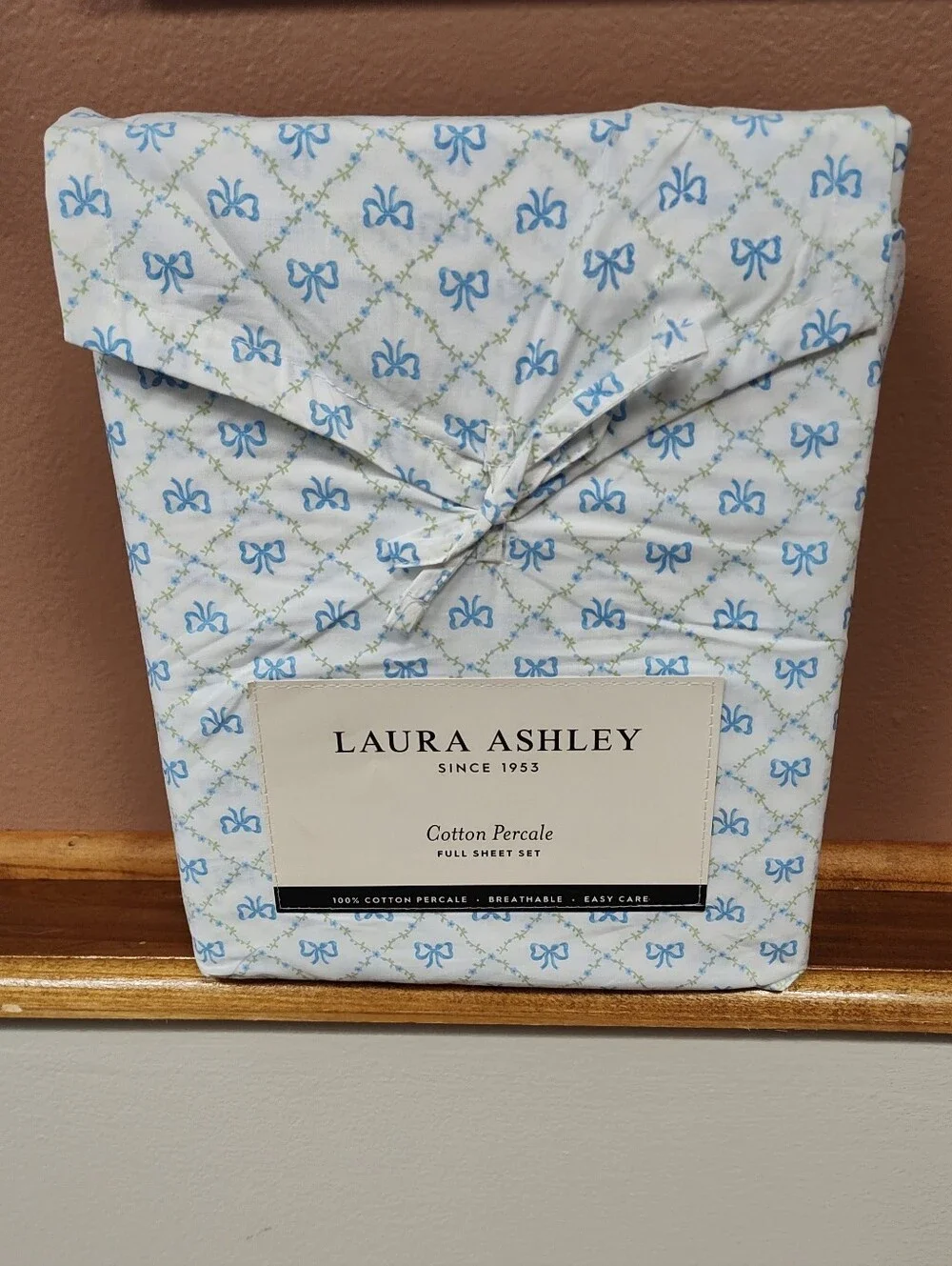 NWT! Laura Ashley Kate Bow Blue Floral Full Size Sheet Set 100% Cotton